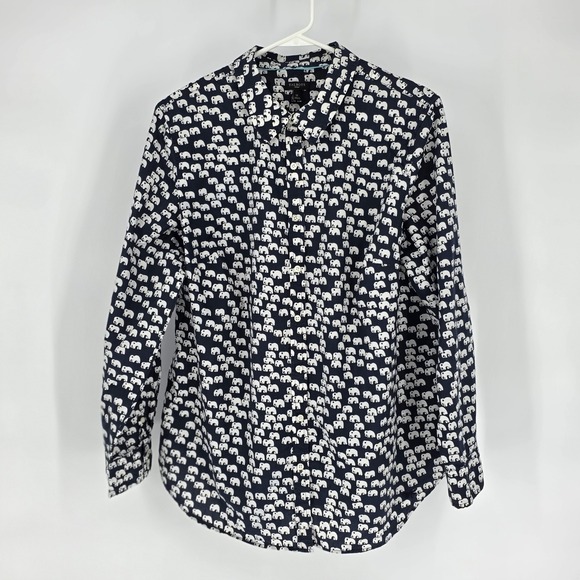 Talbots Tops - Talbots Button Down Shirt Women 1X Navy White Elephant Print Cotton Long Sleeve